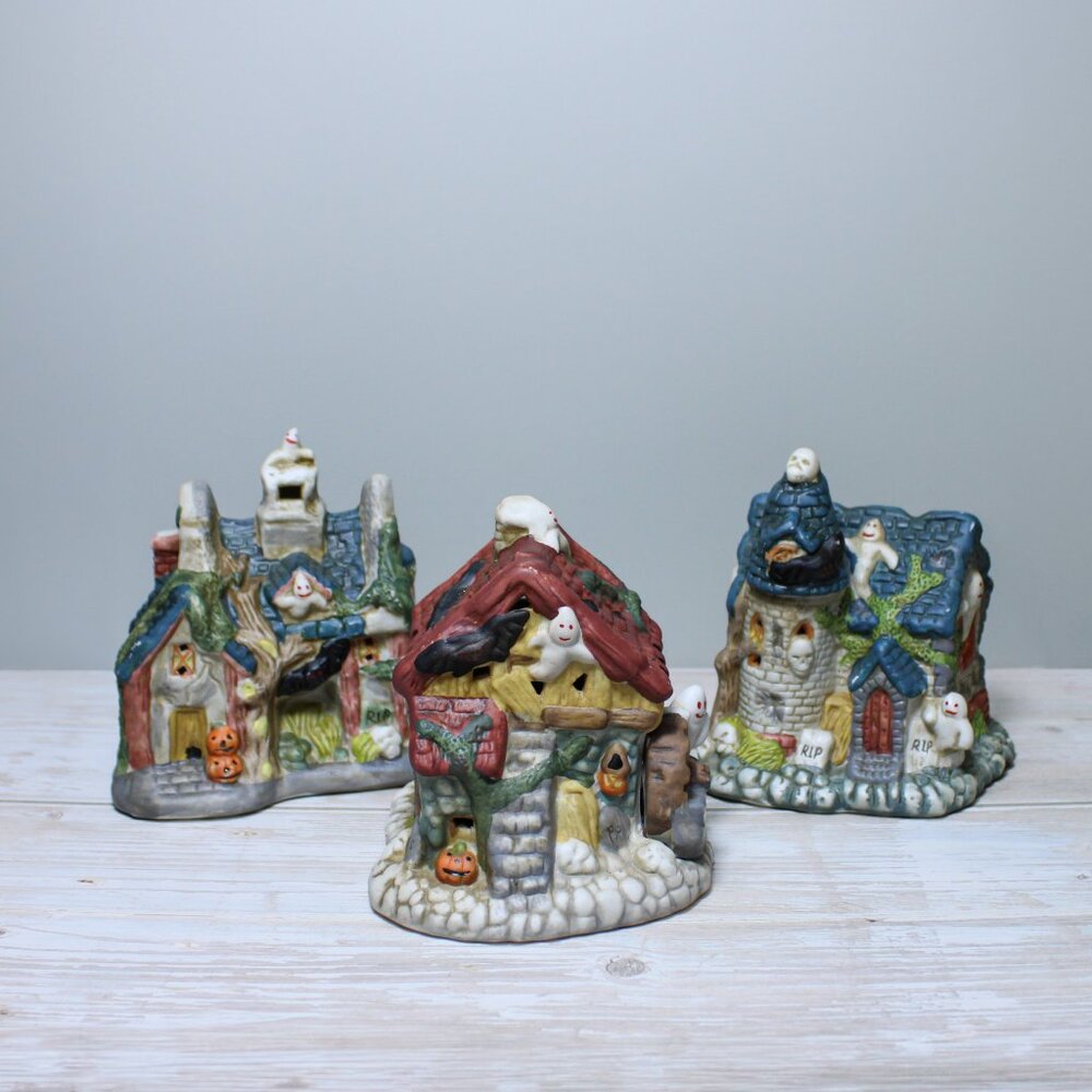 Vintage 3 Pc Set Light-up Illuminated Halloween Village Houses Ceramic 4"-4.5" H
